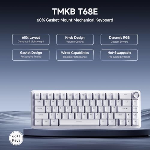 TMKB Technology Mechanical KeyBoard TMKB T68E 60% Wired Gaming Mechanical Keyboard, RGB Backlit Hot-Swappable Gasket Mount, Creamy Keyboard with Pre-Lubed Blueberry Switch, White - Image 2