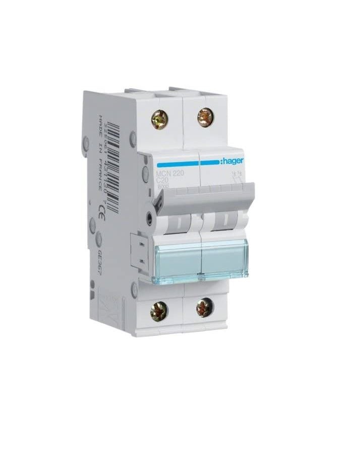 Hager - HAGER Miniature circuit breaker double pole 20A 6KA DP MCB TYPE C MCN220 *ONEKONEKT* - Image 1