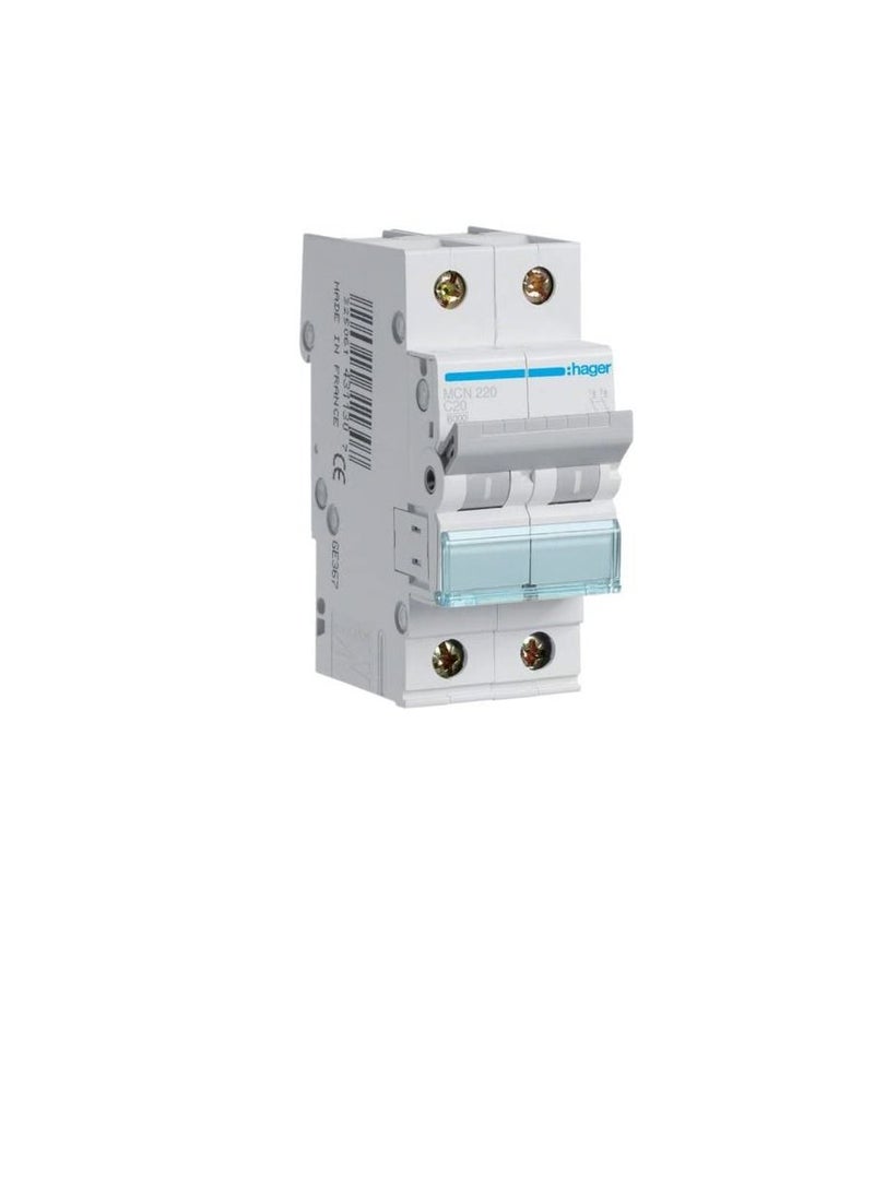 Hager - HAGER Miniature circuit breaker double pole 20A 6KA DP MCB TYPE C MCN220 *ONEKONEKT* - Image 1