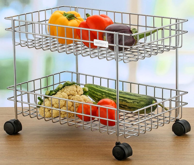 Kinglet Stainless Steel 2Layer Kitchen Basket Rack Multipurpose Fruit and Vegetable Storage Basket Kitchen Utensils Organizer Trolley with Rolling casters Steel Kitchen Trolley PreAssembled