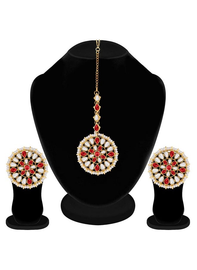 Aheli Wedding Wear Faux Kundan Beaded Round Earrings With Maang Tikka Set Ethnic Indian Jewelry For Women  - Image 2