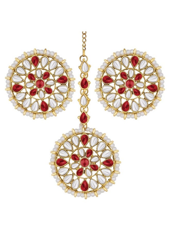Aheli Wedding Wear Faux Kundan Beaded Round Earrings With Maang Tikka Set Ethnic Indian Jewelry For Women  - Image 1