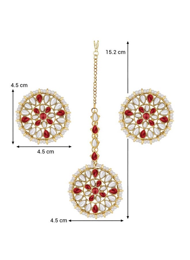 Aheli Wedding Wear Faux Kundan Beaded Round Earrings With Maang Tikka Set Ethnic Indian Jewelry For Women  - Image 3