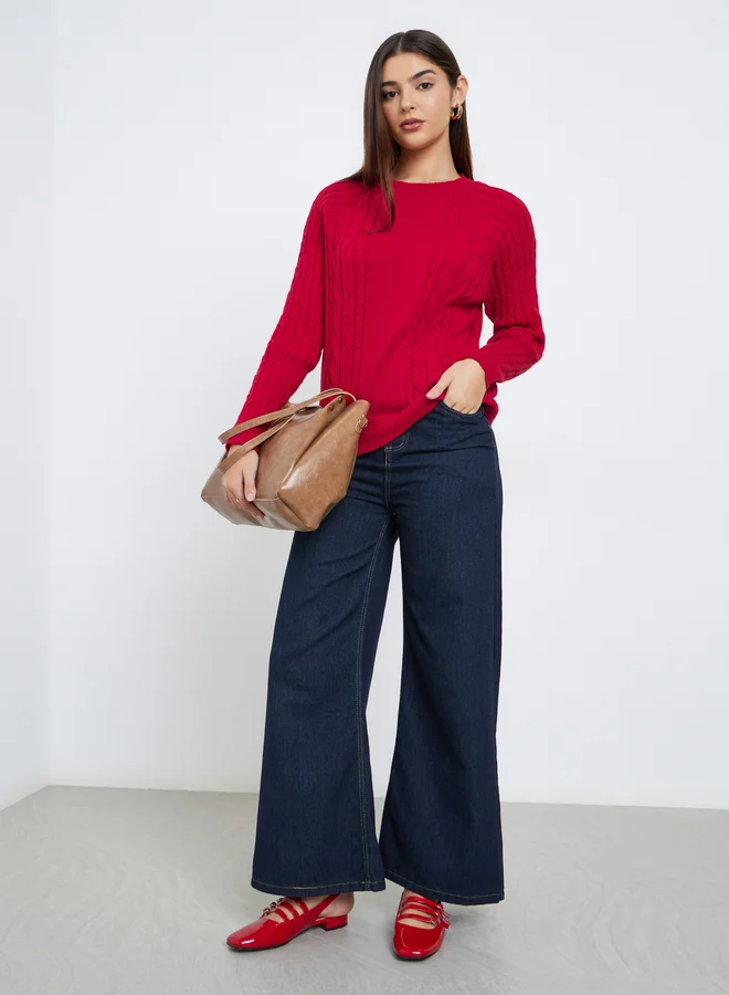 Styli  Styli Red Regular Fit Cable Knit Sweater for Women | Best Price UAE