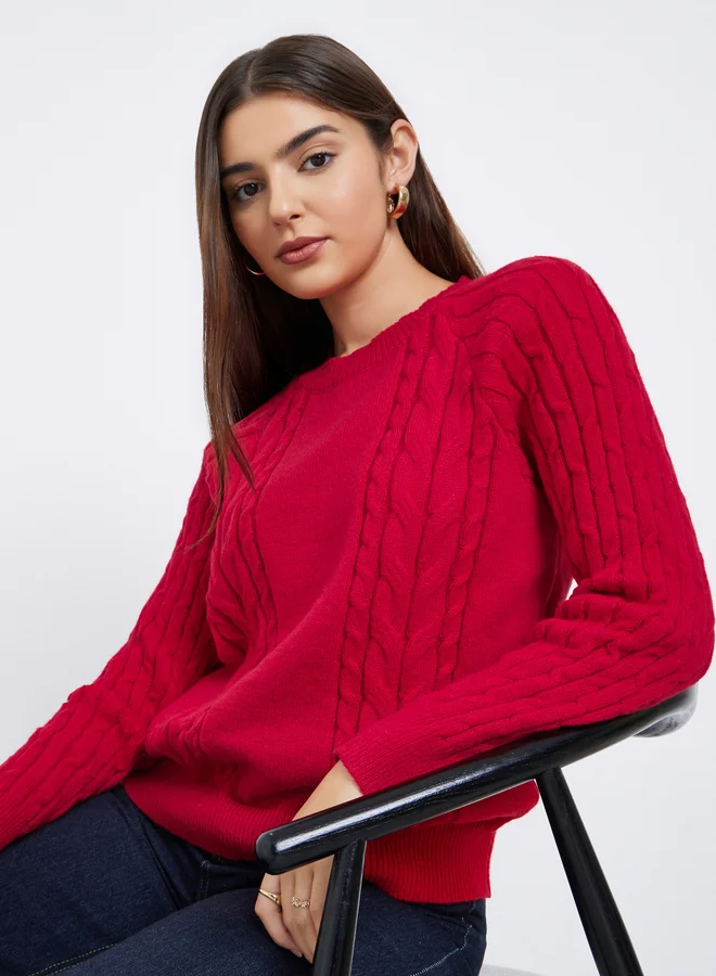 Styli Red Regular Fit Cable Knit Sweater