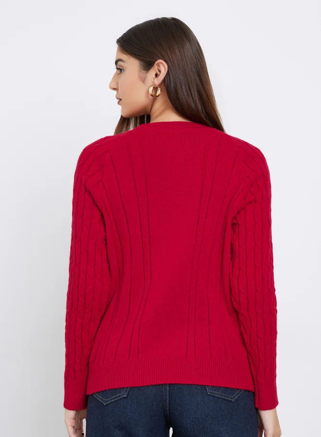 Styli  Styli Red Regular Fit Cable Knit Sweater for Women | Best Price UAE