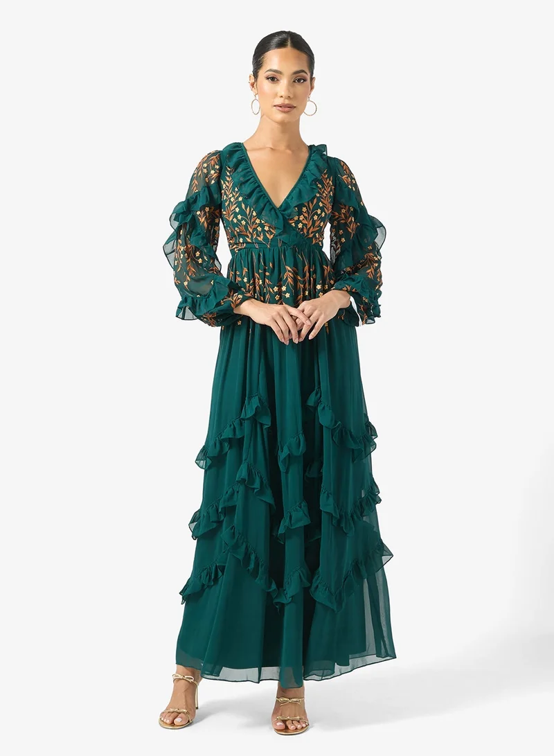 Frock And Frill  V-Neck Frill Detailed Maxi Dress for Women | Best Price UAE