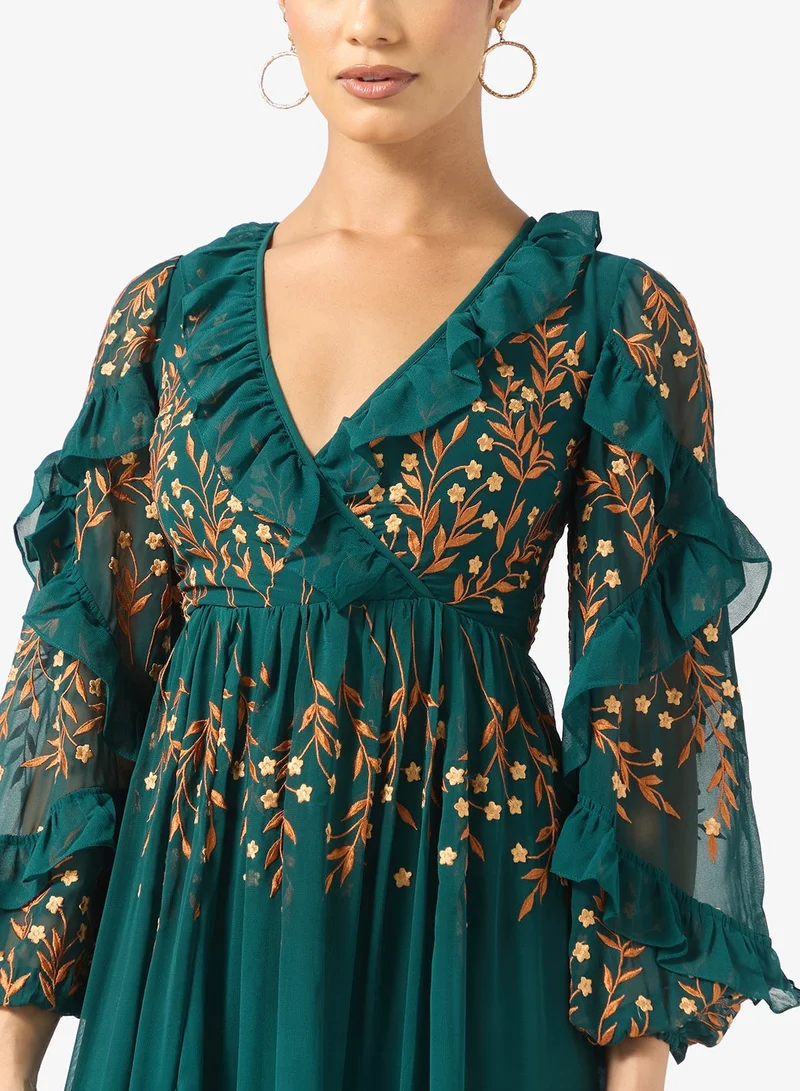 Frock And Frill  V-Neck Frill Detailed Maxi Dress for Women | Best Price UAE