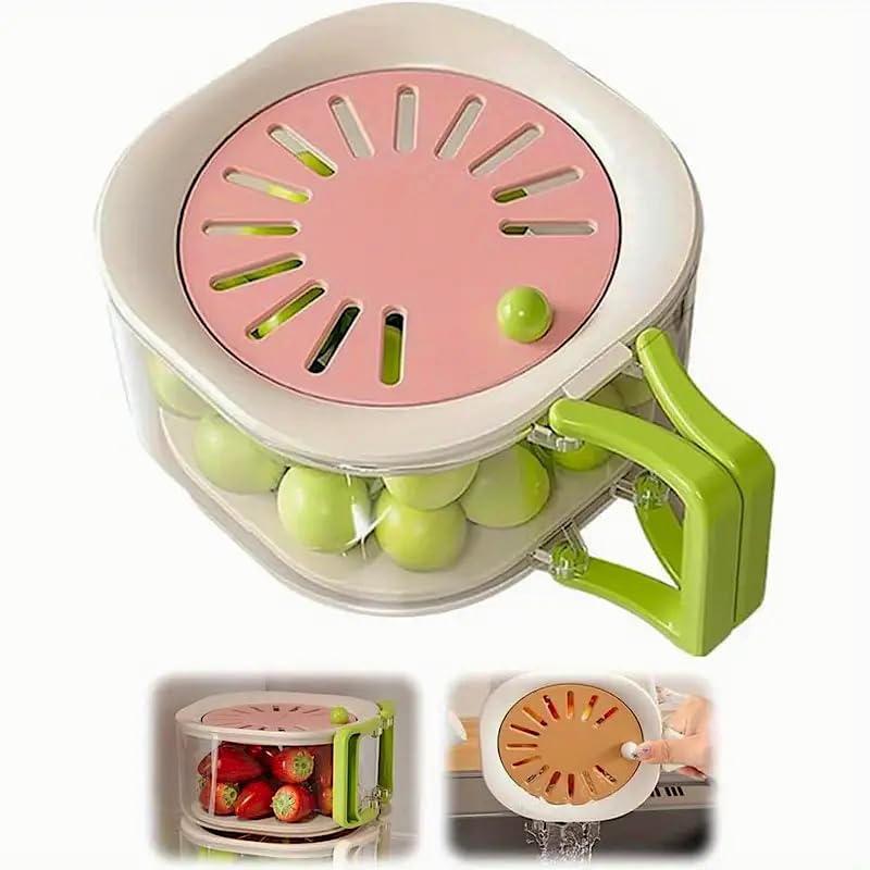 iDream Multifunctional Fruit Storage Container with Draining Lid, Stackable Food Strainer Basket with Collapsible Handle for Washing, Rinsing, and Storing Fruits & Vegetables - Image 1