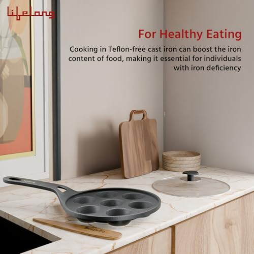 Lifelong Cast Iron Paniyaram Pan with Glass Lid|7 Pits|2.08Kg Pan |Pre-Seasoned Appam Pan,Unniyappam Chatty,Large Non-Toxic Cookware,Non-Stick & Teflon Free,Durable for Easy Cooking &Cleaning,Black - Image 5