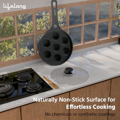 Lifelong Cast Iron Paniyaram Pan with Glass Lid|7 Pits|2.08Kg Pan |Pre-Seasoned Appam Pan,Unniyappam Chatty,Large Non-Toxic Cookware,Non-Stick & Teflon Free,Durable for Easy Cooking &Cleaning,Black - Image 3