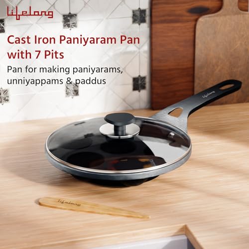 Lifelong Cast Iron Paniyaram Pan with Glass Lid|7 Pits|2.08Kg Pan |Pre-Seasoned Appam Pan,Unniyappam Chatty,Large Non-Toxic Cookware,Non-Stick & Teflon Free,Durable for Easy Cooking &Cleaning,Black - Image 2
