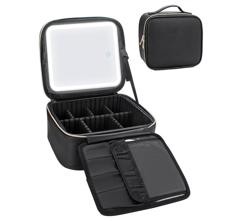 GBEX Travel Makeup Bag with Light Up Led Mirror Portable Cosmetic Train Case with Adjustable Dividers Makeup Organizer Bag Storage Box for Women 3 Color Lights Black - Image 1