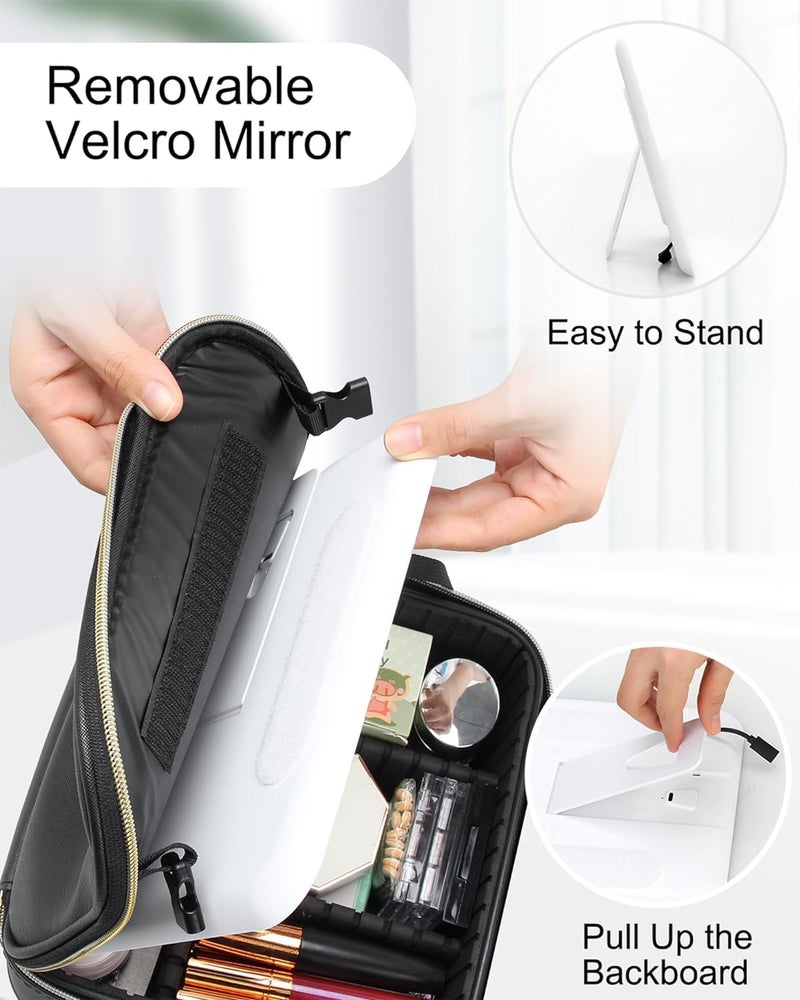 GBEX Travel Makeup Bag with Light Up Led Mirror Portable Cosmetic Train Case with Adjustable Dividers Makeup Organizer Bag Storage Box for Women 3 Color Lights Black - Image 2