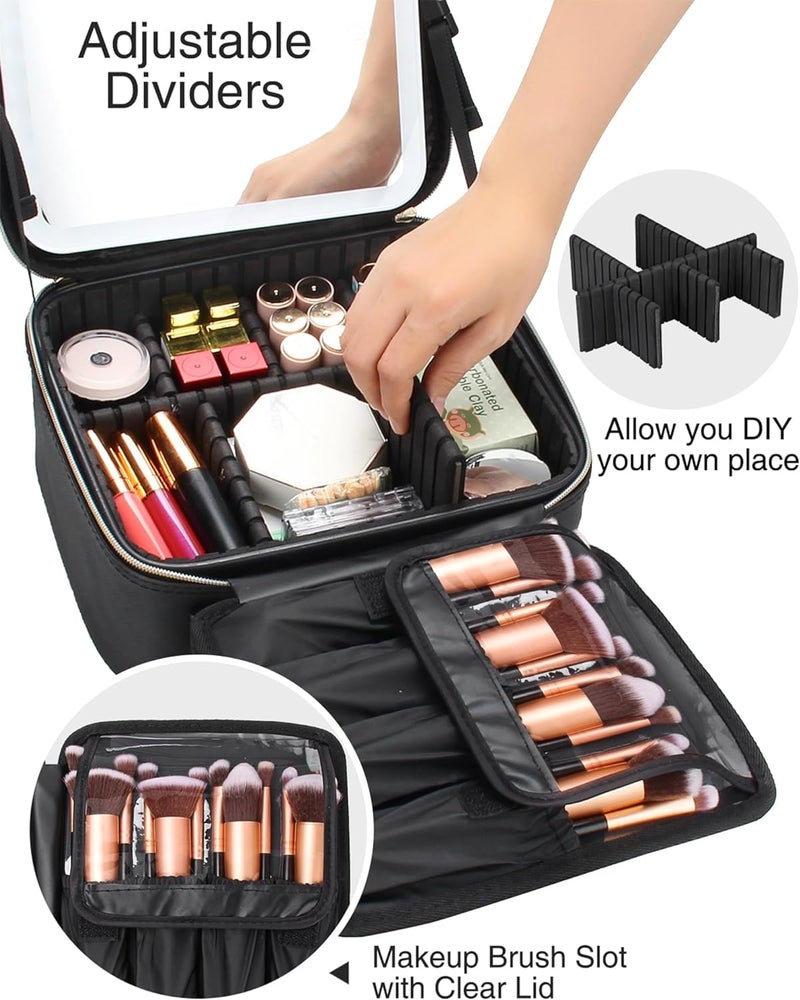 GBEX Travel Makeup Bag with Light Up Led Mirror Portable Cosmetic Train Case with Adjustable Dividers Makeup Organizer Bag Storage Box for Women 3 Color Lights Black - Image 4