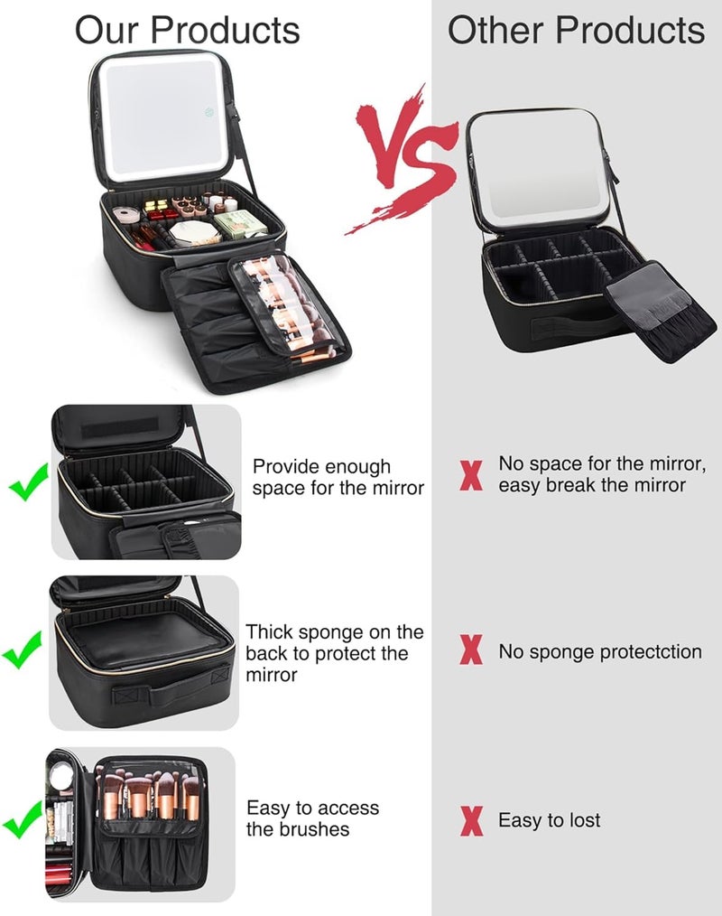 GBEX Travel Makeup Bag with Light Up Led Mirror Portable Cosmetic Train Case with Adjustable Dividers Makeup Organizer Bag Storage Box for Women 3 Color Lights Black - Image 5