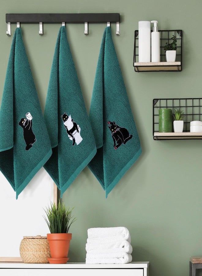 FuWeave 3 Pcs Cat Hand Towels for Bathroom Decor Funny Embroidered Black Cat Decorative Dark Green Bath Dish Towels for Bathroom Kitchen Decor, 100% Cotton, 13.3 x 29.5'' - Image 4
