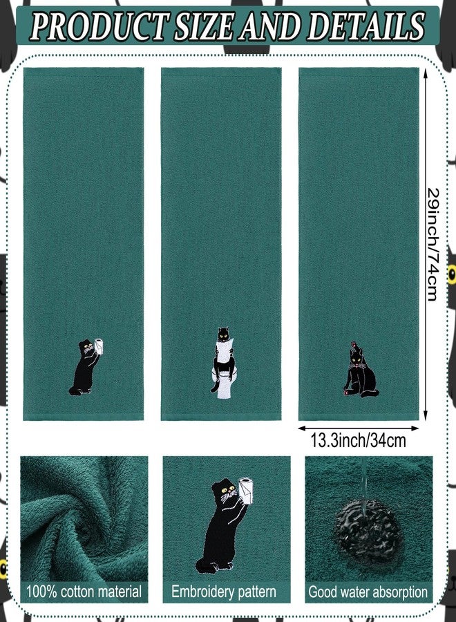 FuWeave 3 Pcs Cat Hand Towels for Bathroom Decor Funny Embroidered Black Cat Decorative Dark Green Bath Dish Towels for Bathroom Kitchen Decor, 100% Cotton, 13.3 x 29.5'' - Image 2