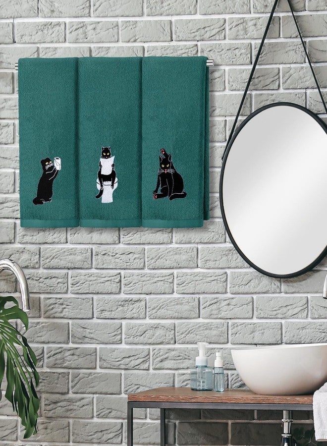FuWeave 3 Pcs Cat Hand Towels for Bathroom Decor Funny Embroidered Black Cat Decorative Dark Green Bath Dish Towels for Bathroom Kitchen Decor, 100% Cotton, 13.3 x 29.5'' - Image 3