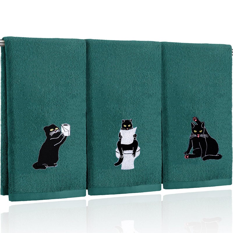 FuWeave 3 Pcs Cat Hand Towels for Bathroom Decor Funny Embroidered Black Cat Decorative Dark Green Bath Dish Towels for Bathroom Kitchen Decor, 100% Cotton, 13.3 x 29.5'' - Image 1