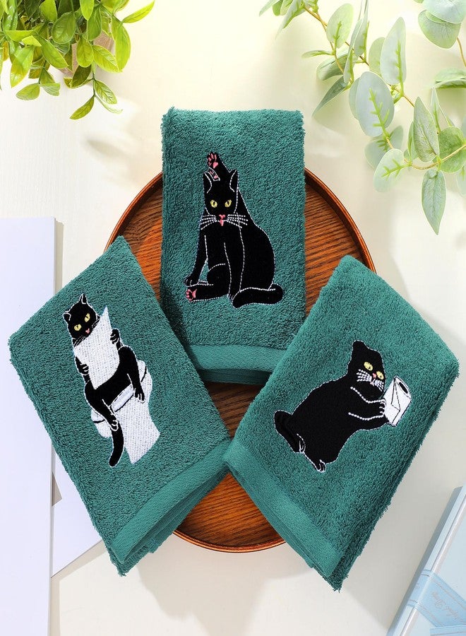 FuWeave 3 Pcs Cat Hand Towels for Bathroom Decor Funny Embroidered Black Cat Decorative Dark Green Bath Dish Towels for Bathroom Kitchen Decor, 100% Cotton, 13.3 x 29.5'' - Image 5