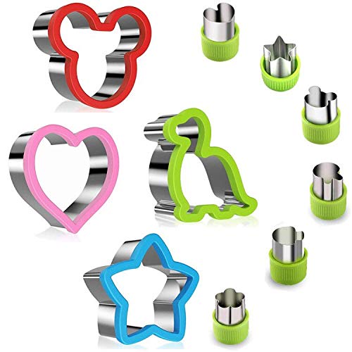 Stainless Steel Sandwich Cutters Set for Kids 4 Pieces Bread Cutters Mickey Mouse Dinosaur Star Heart Shape and 6 Pieces Vegetable Fruit Cutter Crust Cutter for Bento Lunch or Kids Party Supplies