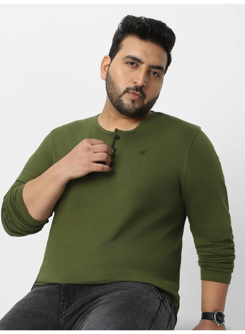 Urbano Plus Men's Olive Green Solid Henley Neck Regular Fit Full Sleeve Cotton T-Shirt