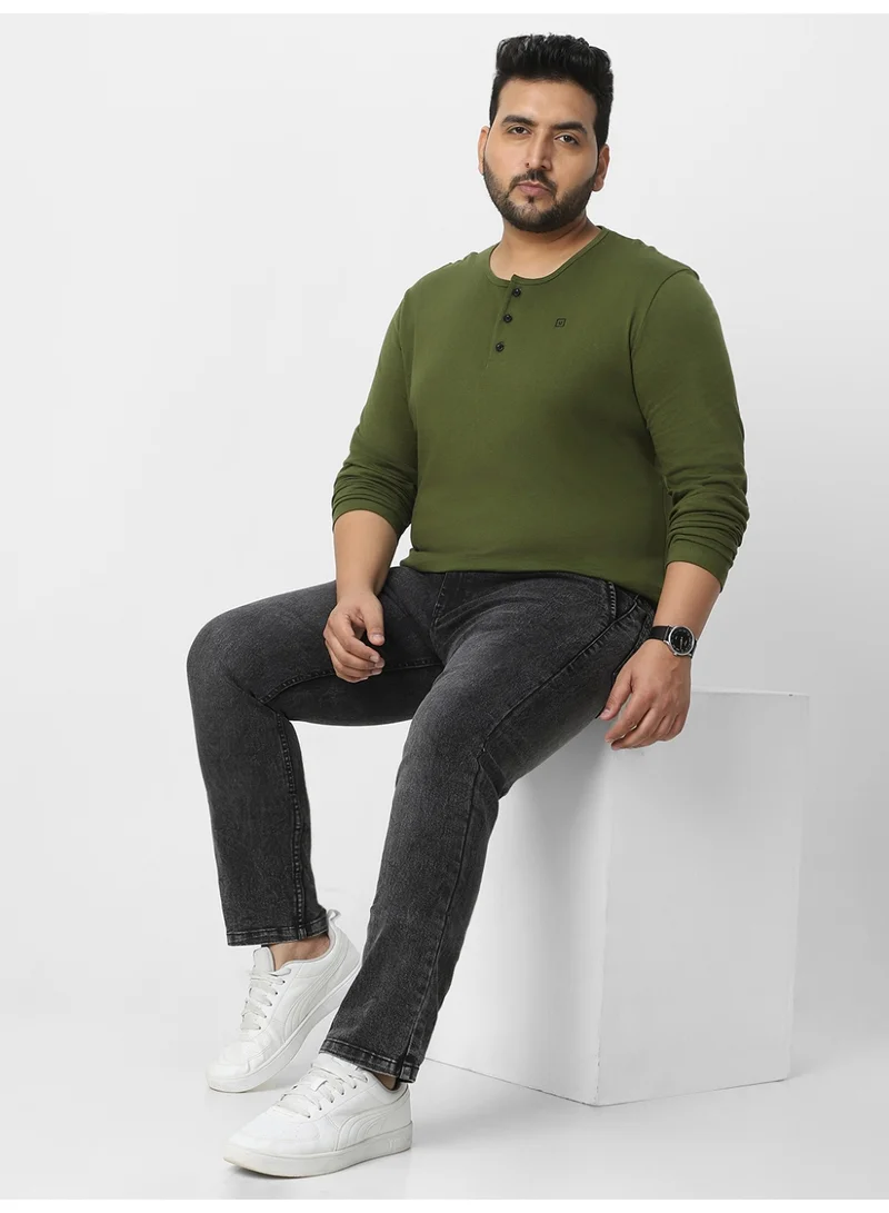Urbano Fashion  Urbano Plus Men's Olive Green Solid Henley Neck Regular Fit Full Sleeve Cotton T-Shirt  | Best Price UAE