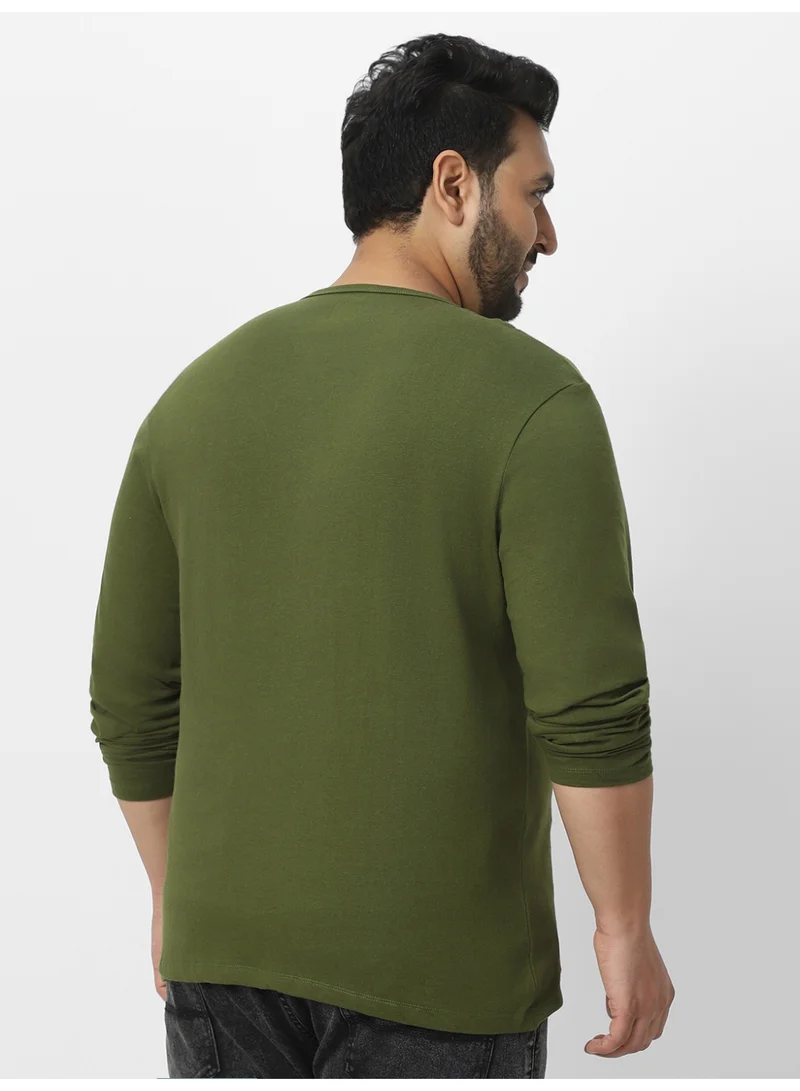 Urbano Fashion  Urbano Plus Men's Olive Green Solid Henley Neck Regular Fit Full Sleeve Cotton T-Shirt  | Best Price UAE
