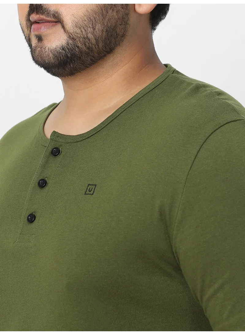 Urbano Fashion  Urbano Plus Men's Olive Green Solid Henley Neck Regular Fit Full Sleeve Cotton T-Shirt  | Best Price UAE