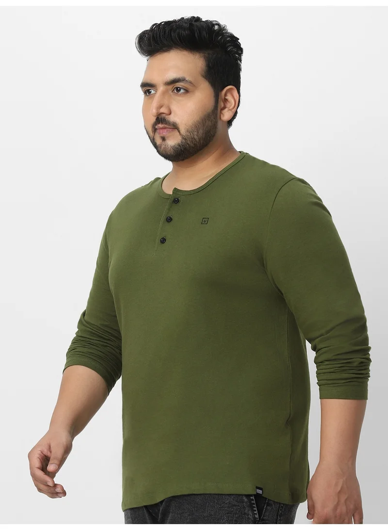 Urbano Fashion  Urbano Plus Men's Olive Green Solid Henley Neck Regular Fit Full Sleeve Cotton T-Shirt  | Best Price UAE