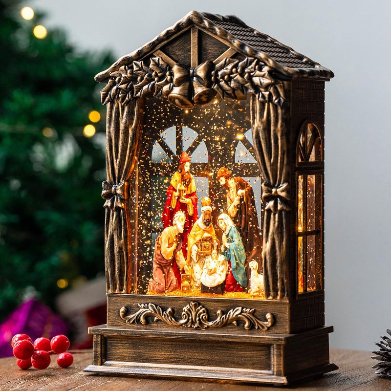 Three Kings Three Saints Window Christmas Snow Globe Swirling Glittering Nativity Figurines Manger Scene USB LinedBattery Operated Lighted Water Lantern for Christmas Festival Decoration Gifts