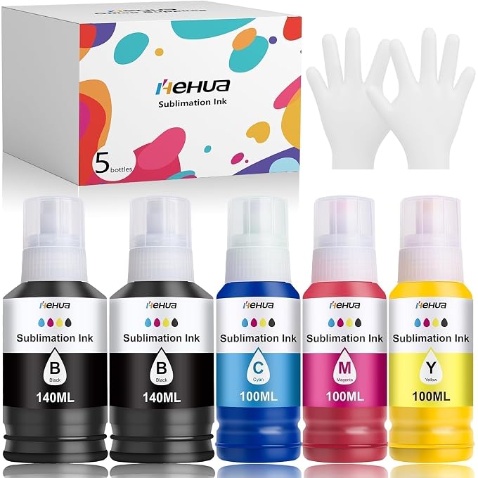 hehua Multipack Sublimation Ink Compatible for E102 E104 ET-4810 ET-2850 ET-2856 ET-2810 ET-2820 ET-2830 ET-2815 ET-2870 ET-4800 Printer for Heat Transfer T-Shirts Cups (5 P) k