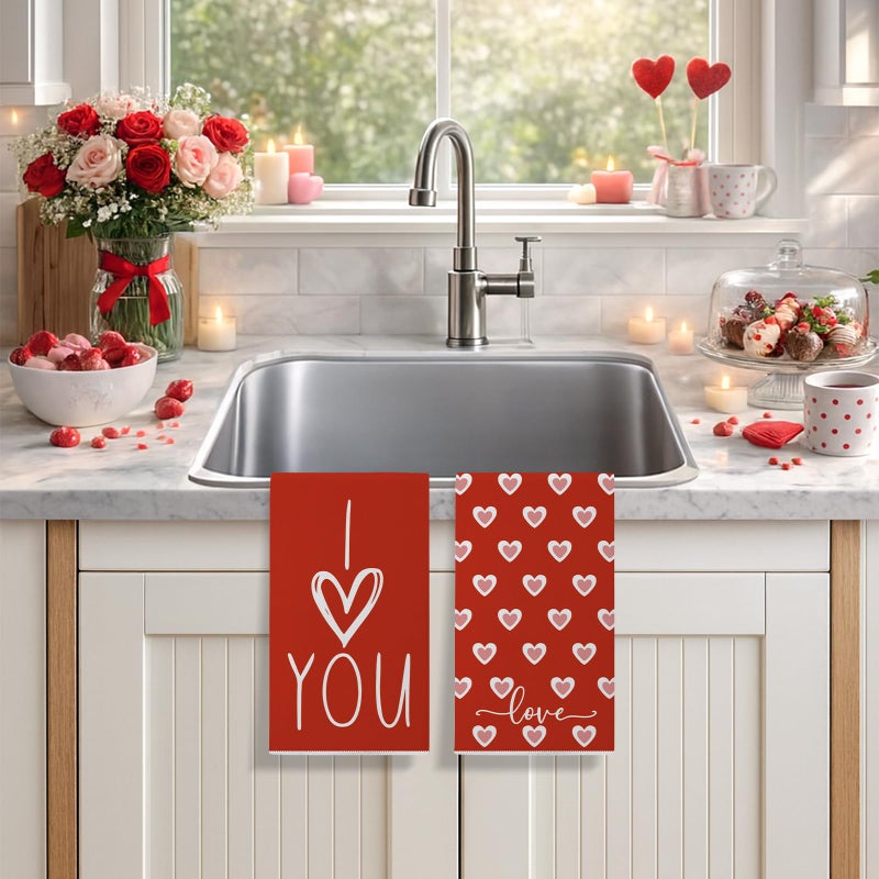 Siilues Valentines Kitchen Towels Set of 2, Red Pink Love Hearts I Love You Valentines Day Dish Towels 18x26 Inch Sweet Home Party Decor Drying Dishcloth Anniversary Wedding Decoration Hand Towels - Image 2