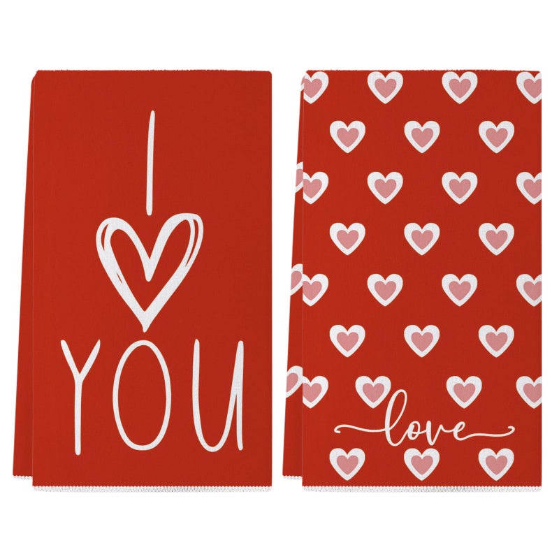 Siilues Valentines Kitchen Towels Set of 2, Red Pink Love Hearts I Love You Valentines Day Dish Towels 18x26 Inch Sweet Home Party Decor Drying Dishcloth Anniversary Wedding Decoration Hand Towels - Image 1