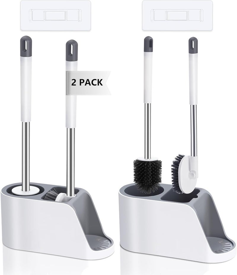 Hallstatt Pack of 2 Silicone Toilet Brush with Holder Set Self Adhesive Wall Mounted and Free Stand Sleek Toilet Cleaner Brush with Ventilated Drying Stand Bathroom Cleaning Floor Scrubber Brushes