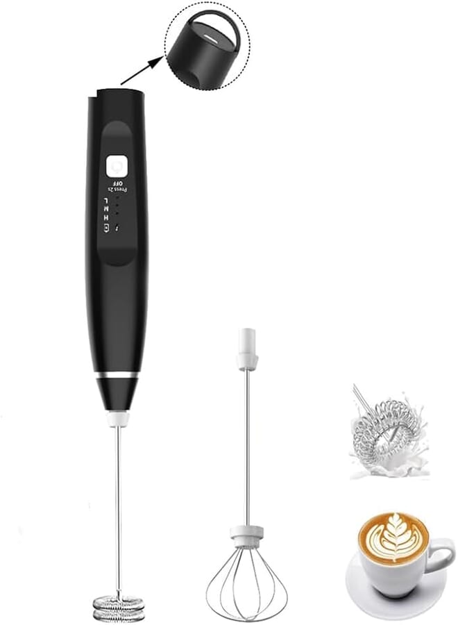 ENJOYCOOL Milk Frother Handheld Foam Maker with 2 Stainless Stirring Head 3 Speed Rechargeable Electric Blender Milk Frother Wand Drink Mixer for Cappuccino Matcha Latte Hot Chocolate Protein Powder Egg (Black)