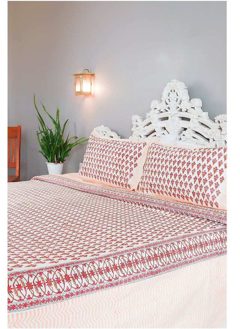OJARIYA King Size Pink and Orange Premium Organic 100 Percent Cotton Hand Block Printed Bed Sheet with 250 TC  - Image 1