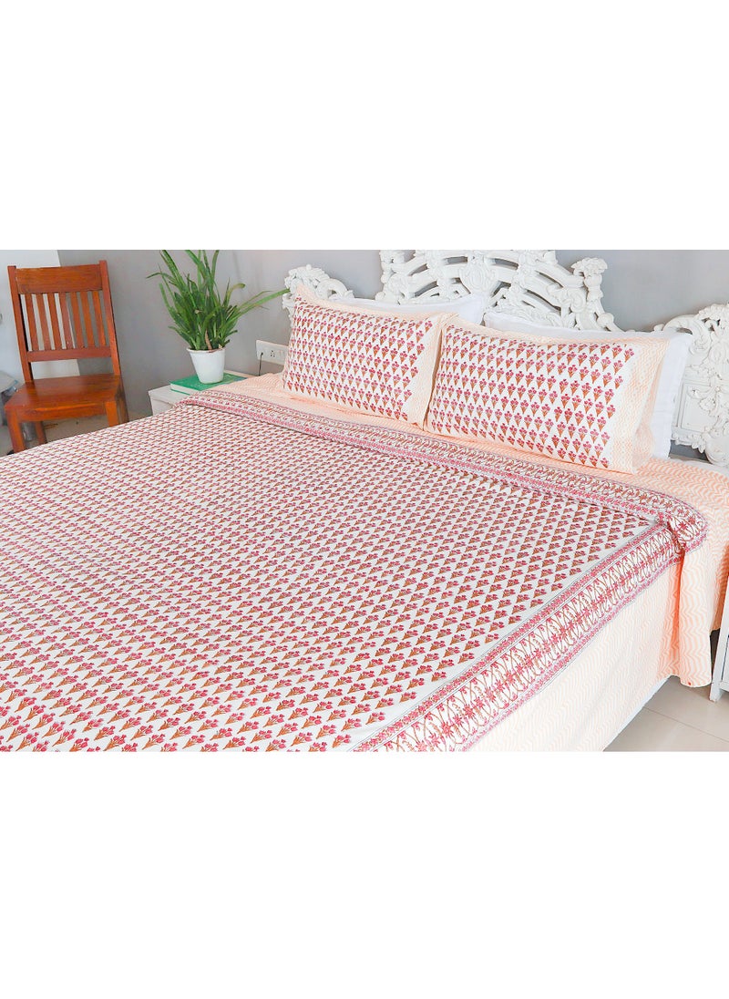 OJARIYA King Size Pink and Orange Premium Organic 100 Percent Cotton Hand Block Printed Bed Sheet with 250 TC  - Image 3