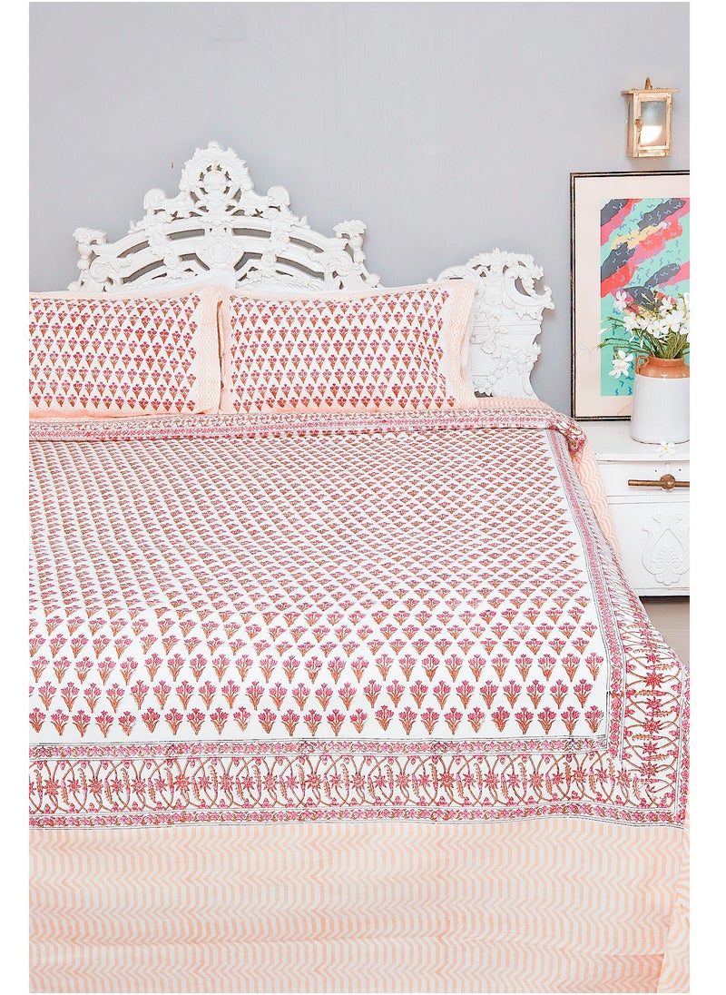 OJARIYA King Size Pink and Orange Premium Organic 100 Percent Cotton Hand Block Printed Bed Sheet with 250 TC  - Image 4