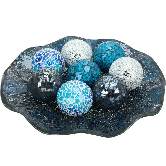 CENTERPIECE BOWL AND DECORATIVE BALLS SET 8 PCS TABLE MOSAIC PLATE WITH 24 INCH GLASS MOSAIC ORBS GLASS TURQUOISE TRAY AND SPHERES FOR CENTERPIECE TABLE HOME VASES DECOR MULTICOLOR