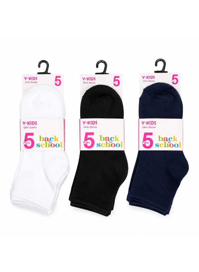 Girls Cotton School Uniform Socks, 5-Pair Pack, Black - Image 2