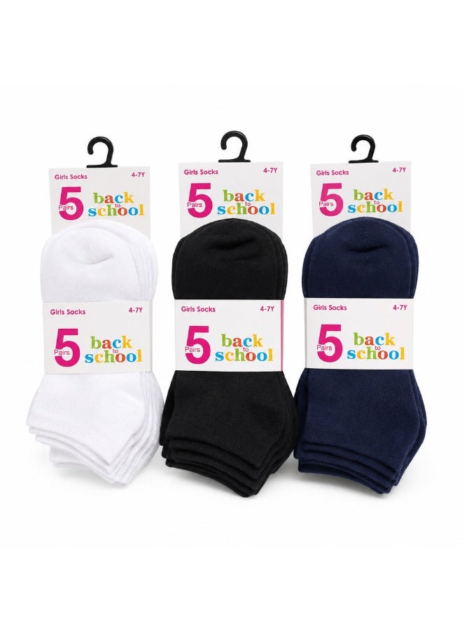Girls Cotton School Uniform Socks, 5-Pair Pack, Black - Image 3