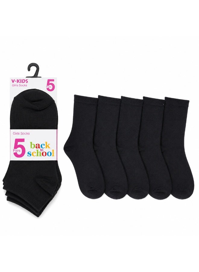 Girls Cotton School Uniform Socks, 5-Pair Pack, Black - Image 1