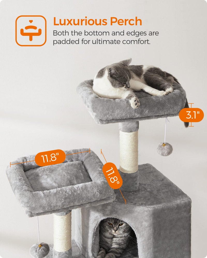 Feandrea Cat Tree, 45.3-Inch Cat Tower, Plush Condo with Scratching Post, Ramp, Perch, Spacious Cave, for Small Space, Light Gray UPCT141W01 - Image 3