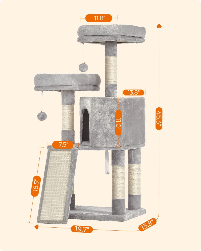 Feandrea Cat Tree, 45.3-Inch Cat Tower, Plush Condo with Scratching Post, Ramp, Perch, Spacious Cave, for Small Space, Light Gray UPCT141W01 - Image 5