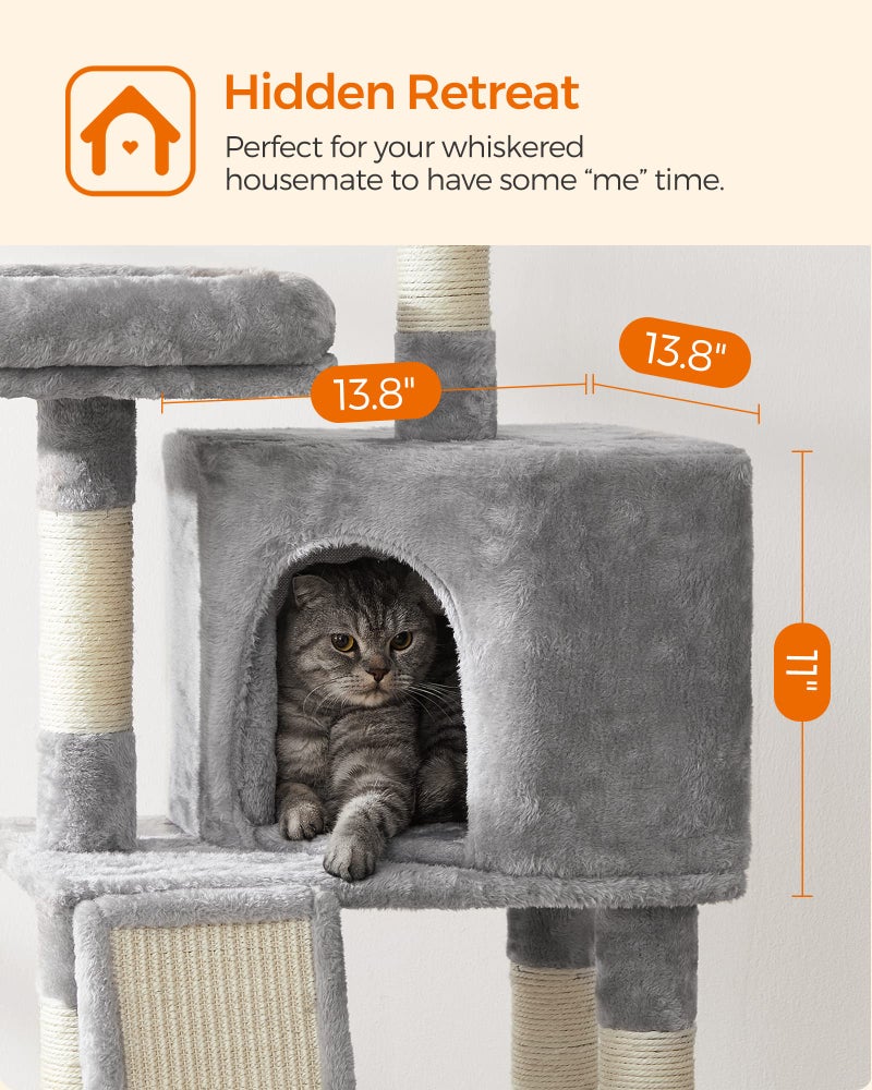 Feandrea Cat Tree, 45.3-Inch Cat Tower, Plush Condo with Scratching Post, Ramp, Perch, Spacious Cave, for Small Space, Light Gray UPCT141W01 - Image 4