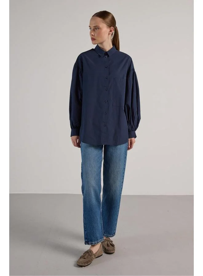 mina aise Women's Navy Blue Pleated Pocket Detailed Oversize Shirt 30062.