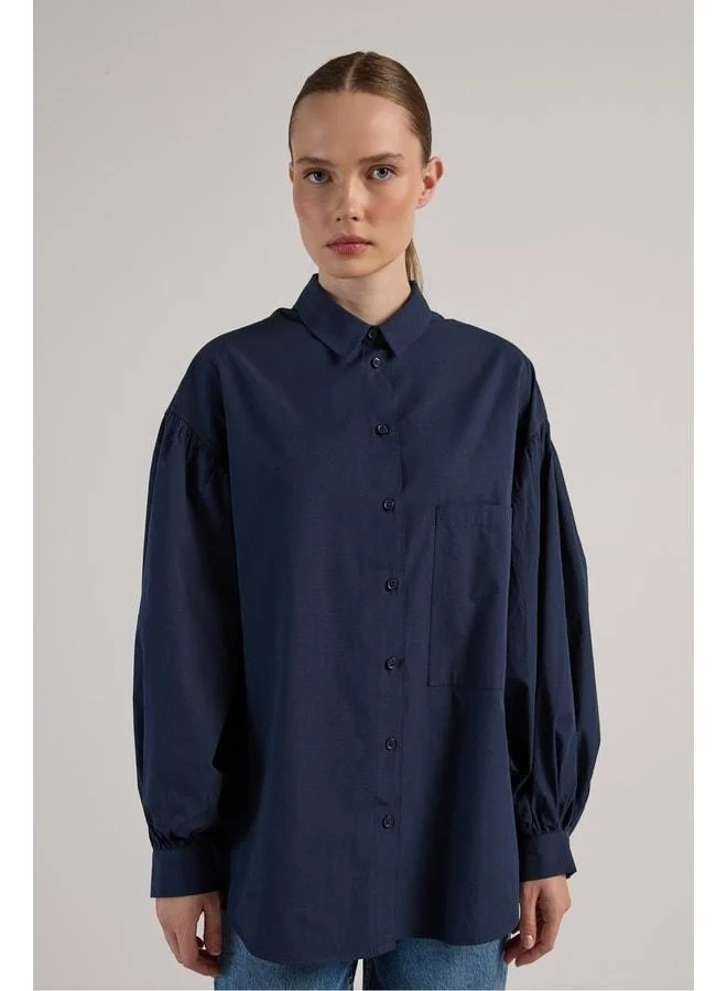 mina aise Women's Navy Blue Pleated Pocket Detailed Oversize Shirt 30062.