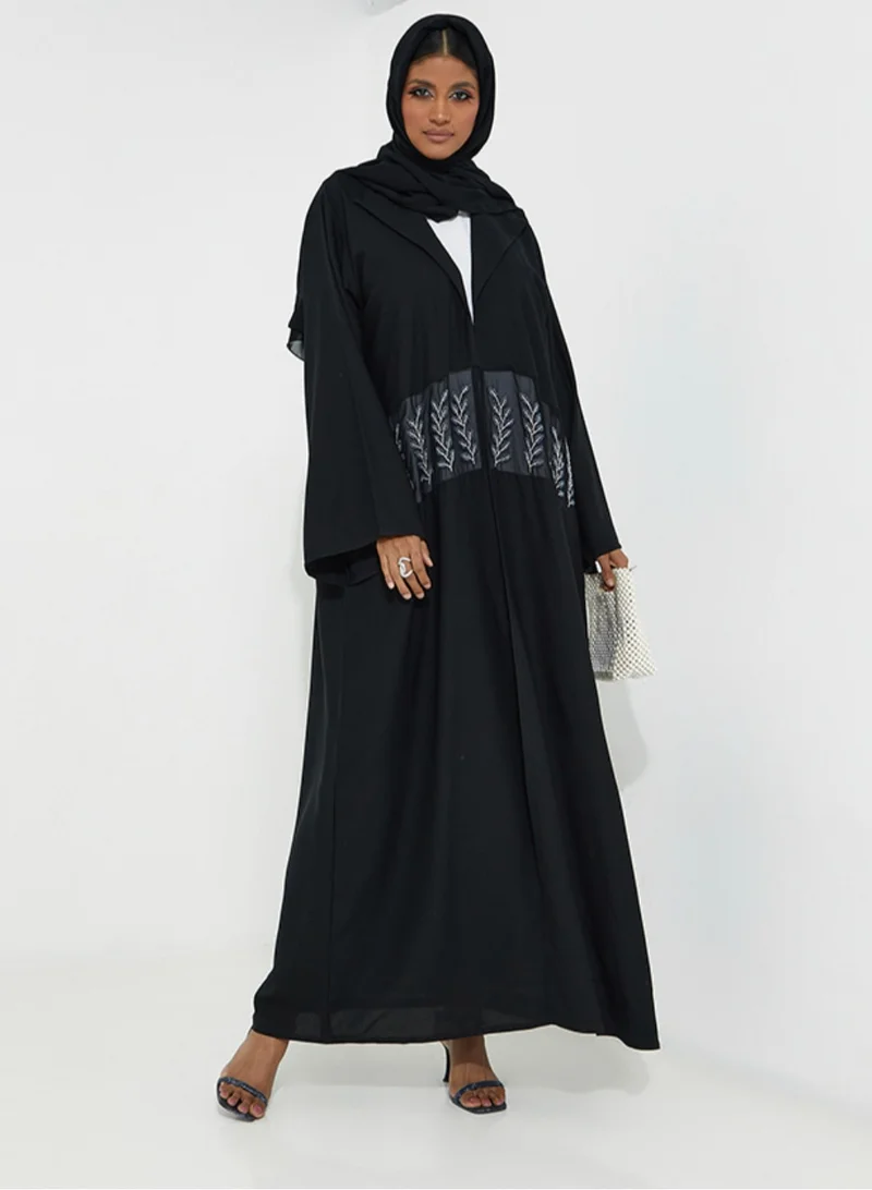 Rosette Abaya Black Abaya with Elegant Dantil Embroidery